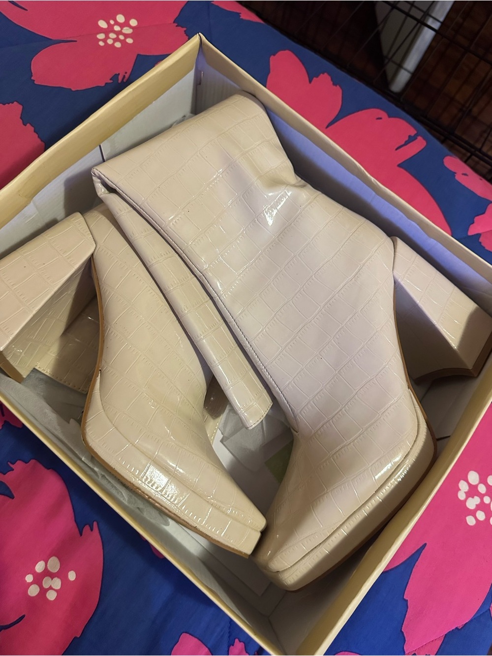 Princess Polly Croc-Embossed Ivory Block Heel Ankle Boots